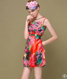 Silk Flower Print Sleeveless Rich Women Dress Apricot Red