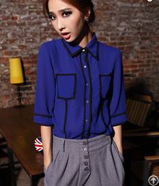 Western Individuality Leisure Half Sleeve Blouses For Women Blue White