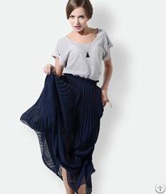 Western Pure Color Pleated Women Skirt Deep Blue