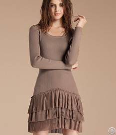 Western Pure Color Round Collar Long Sleeve Dresses Khaki