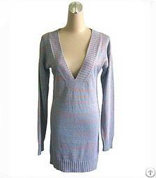 V Neck Ladies Knit Long Sweater With Lurex And Section Dyed Yarn