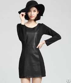 Newly Autumn Elegant Pu Long Sleeve Dress Black