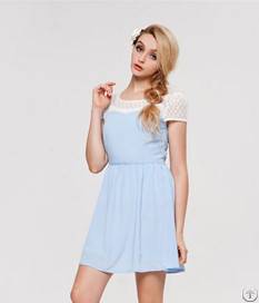 newly lace matching round collar short sleeve chiffon dress