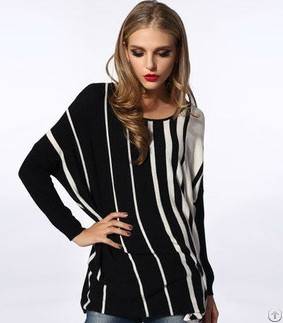 Black And White Striped Collar Off-the-shoulder Loose Knitted Jumper Casual Long Sweater