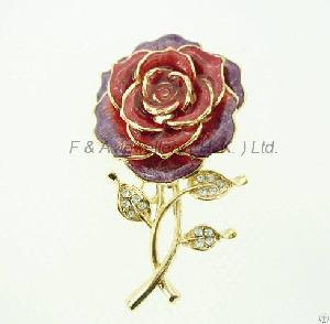 Brooch, Flower, Clear Crytal Red Enamel, Electroplate Gold, Dbh00866