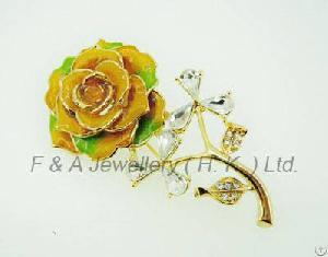 Brooch, Rose, Clear Crytal Yellow Enamel, Electroplate Gold, Dbh00865