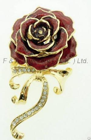 Brooch, Rose Flower, Clear Crytal Red Enamel, Electroplate Gold, Dbh00847