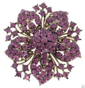 Flower Brooch, Purple Crystal, Antique Gold Bh01540