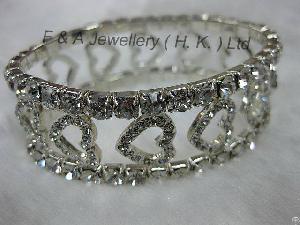 Stretchy Bracelet, Clear Crystals, Silver Plated, Claw, Heart Shape