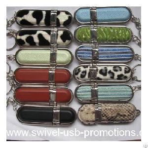 promotional leather usb memory stick steel edges key chain holder