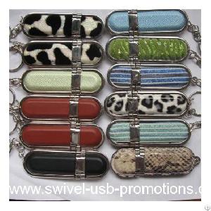 Promotional Leather Usb Memory Stick With Steel Edges And Key Chain Holder