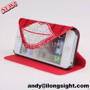 Leather Lip Pattern Chain 3d Diamond Flip Wallet Case Cover For Iphone 5