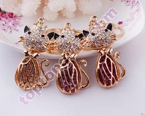 rhinestone keychains metal kitty cat key ring