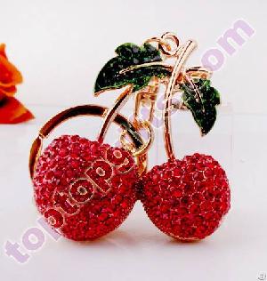 Rhinestone Cherry Novelty Keychains Custom Fruit Metal Key Ring