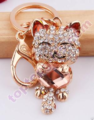 Rhinestone Lucky Cat Bag Ornament New Metal Keyrings