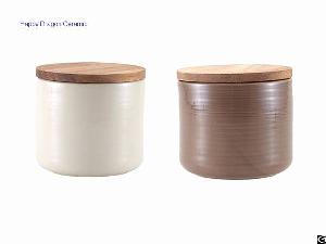 Brown Ceramic Candle Jars With Wood Lid, Ceramic Candle Containers