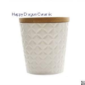 Engraved Ceramic Candle Jars With Bamboo Lid, Ceramic Candle Cups