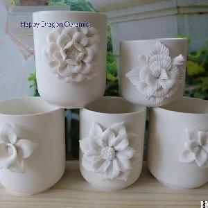 Mat White Ceramic Candle Jars With Flower, Candle Cups