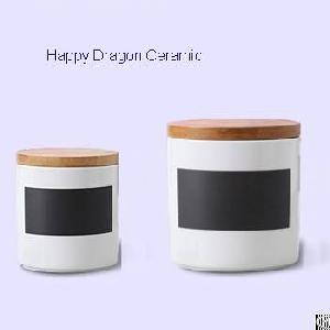 White And Black Ceramic Candle Containers With Bamboo Lid, Ceramic Candle Jars