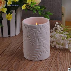 White Cermamic Candle Containers With Engraved Leaves, Candle Jars