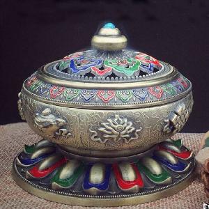 Tibetan Style Bronze Alloy Incense Burner Painted Enamel With Eight Auspicious Symbols Metal Craft
