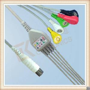 Asz Generic Aami 6 Pin One Piece Ecg Cable, 1k Resistor , Cable 5 Leads, Snap, Iec