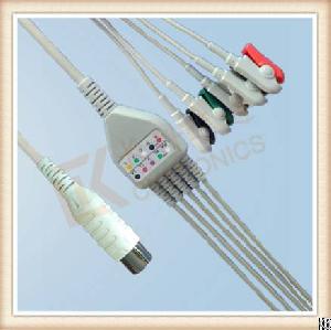 Sd S Generic Aami 6 Pin One Piece Ecg Cable, 1k Resistor , Cable 5 Leads, Grabber, Aha