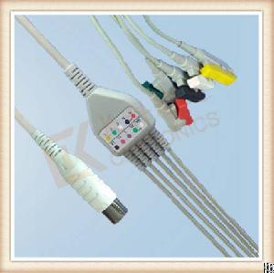 Sdc Generic Aami 6 Pin One Piece Ecg Cable, 1k Resistor , Cable 5 Leads, Grabber, Iec