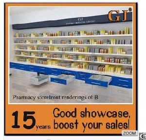 Customized Drugstore Display Shelf Wall Shelf With Drawer Pharmacy Locker