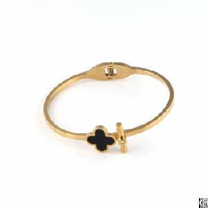 3mm womens gold ip stainless steel four leaves clover cuff bangle bracelet