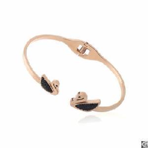 swan charm open bangles rose gold coated stainless steel girl fancy bracelets