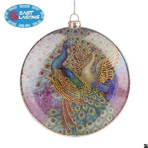 Flat Round Peacock Glass Christmas Ornament