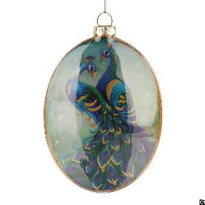 Peacock Oval Glass Christmas Tree Ornament For Christmas Decoration