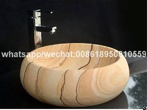 Yellow Sandstone Bathroom Round Vessel Sinks Stone Sanitary Ware Wash Basin