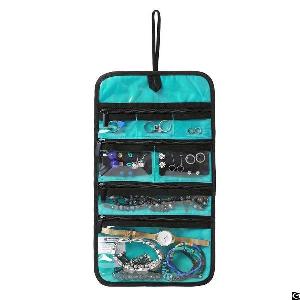 Hanging Travel Jewelry Roll Bag With Zippered Compartments For Earrings