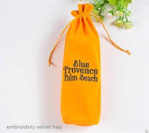 Velvet Drawstring Wine Bag With Embroidery Logo