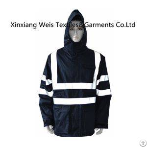 Protective Navy Blue Flame Retardant Jacket With Reflective Tape And Hood