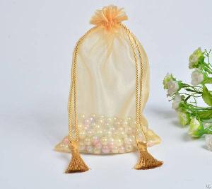 Golden Organza Gift Drawstring Bag With Tassels