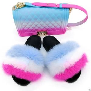 Colourfull Fur Slides With Maching Jelly Purse