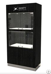 timber veneered mdf showcase featuring led lighting swinging glass door open front ca14 009