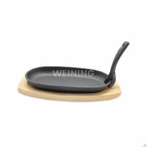 Oval Shape Cast Iron Steak Plate Sizzle Griddle With Wooden Base Steak