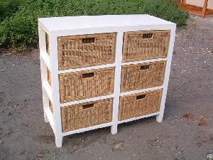 Wood Cabinet With Six Rattan Drawers