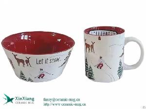 Customized Red Christmas Ceramic Bowl And Coffee Mug Set Factory