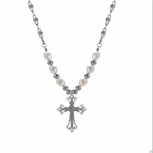 Pearl And Rhinestone Cross Necklace