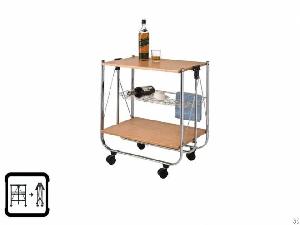 Wooden Board Two Tier Foldable Trolley With Wine Rack