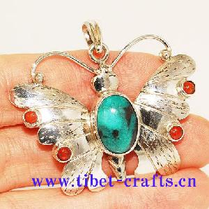 tibet sterling silver turquoise coral butterfly pendant