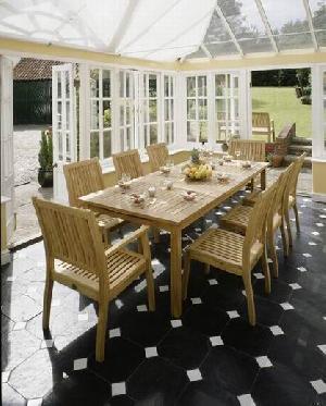 Rectangular Garden Table In Set With Stacking Chair Made From Solid Teak Wood