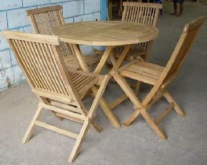 Round Folding Table And Folding Chair In Set Made From Teak