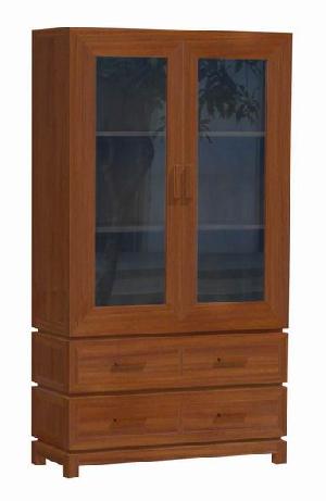 Minimalist Vitrine Larder Cabinet 2 Glass Doors 4 Drawers, Home, Restaurant And Hotel, Mahogany