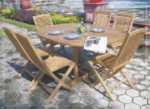 Teak Oval Extension Table And Folding Chair In Set From Indonesia